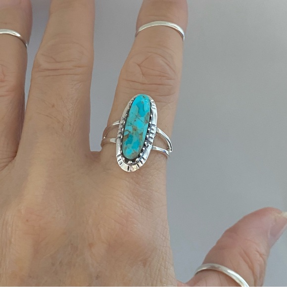 Sterling Silver Oval Genuine Turquoise Ring with Shank, Boho Ring, Silver Rings - Picture 12 of 13
